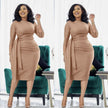 Slim Fit Mid-Length Dress with Side Pleats - Waist Tie Design