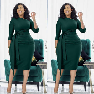 Waist-tie pleated midi dress, dark green slim fit with waist tie and pleats