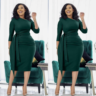 Waist-tie pleated midi dress, dark green slim fit with waist tie and pleats