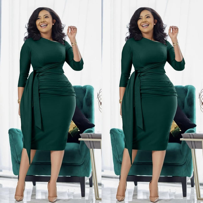 Waist-tie pleated midi dress, dark green slim fit with waist tie and pleats