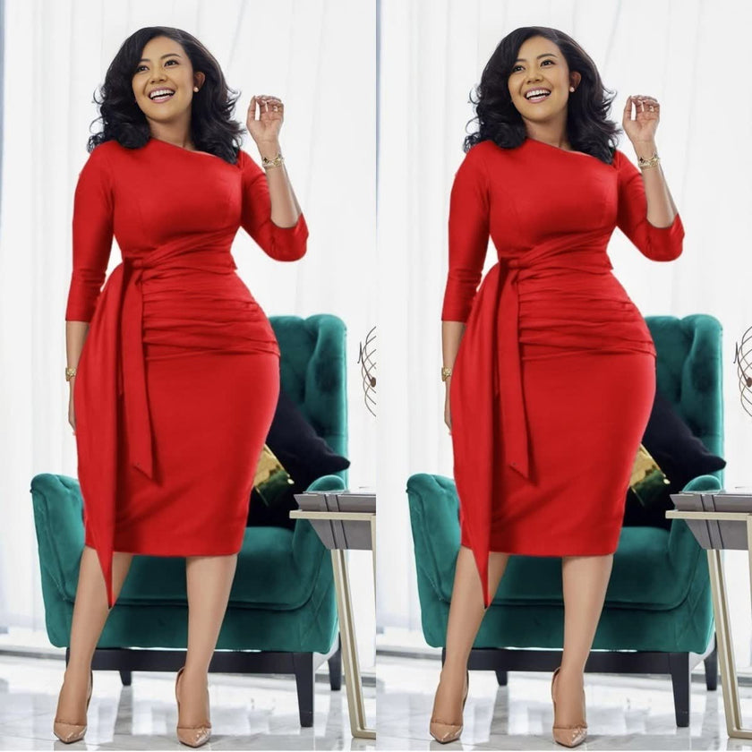 Waist-tie pleated midi dress, red slim fit with waist drape and pleats