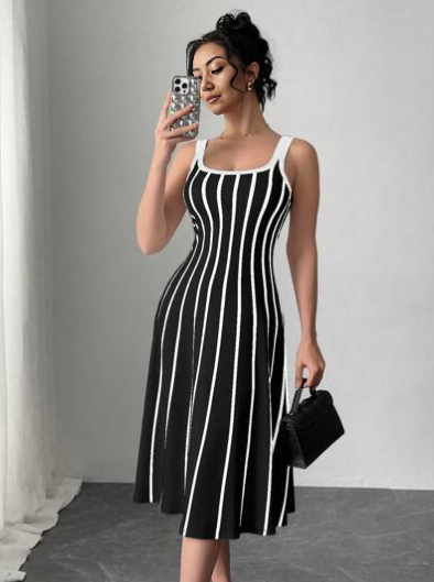 Sleeveless black-and-white striped midi dress, square neckline, A-line flare