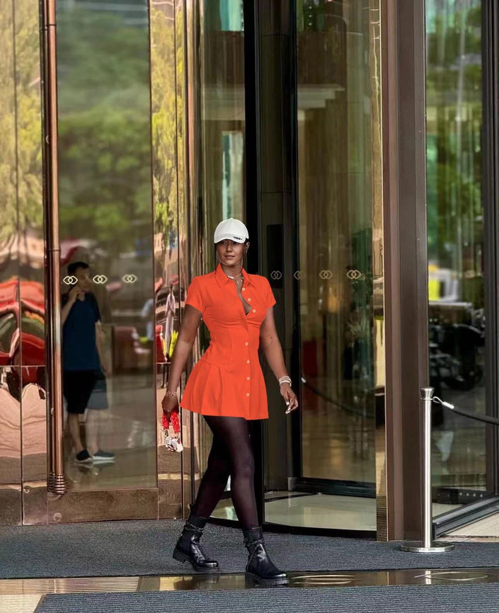 Orange shirt dress with collar, cinched waist, button front, mini length