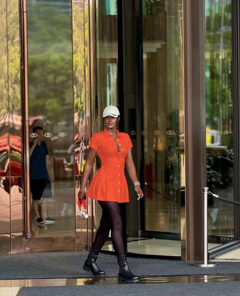 Orange shirt dress with collar, cinched waist, button front, mini length