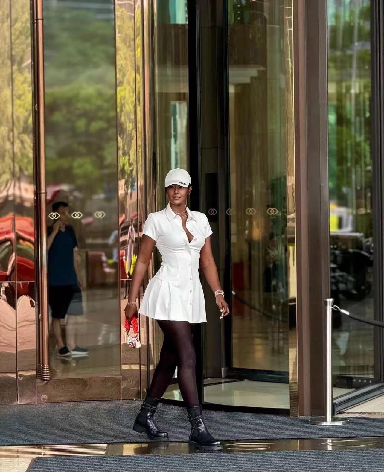 White shirt dress with collar, cinched waist, button front, mini length