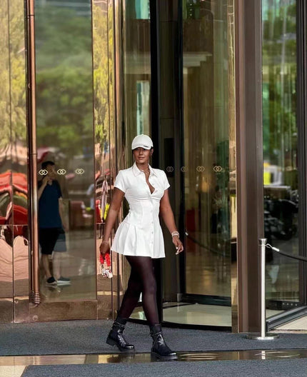 White shirt dress with collar, cinched waist, button front, mini length