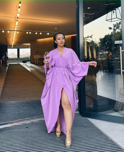 Light-purple loose-fit maxi dress, V-neck, long sleeves, split hem
