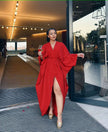 Red loose-fit maxi dress, V-neck, long sleeves, split hem