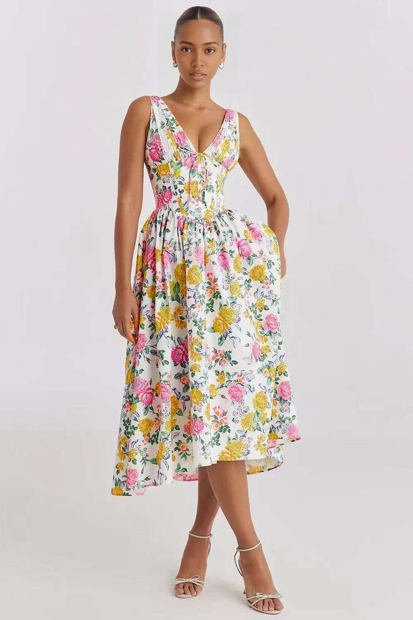 Floral midi dress with V-neck, sleeveless bodice and gathered waist, knee-length hem