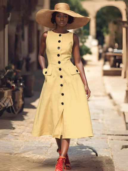 Light-yellow sleeveless midi dress with button front and flap pockets, flared skirt