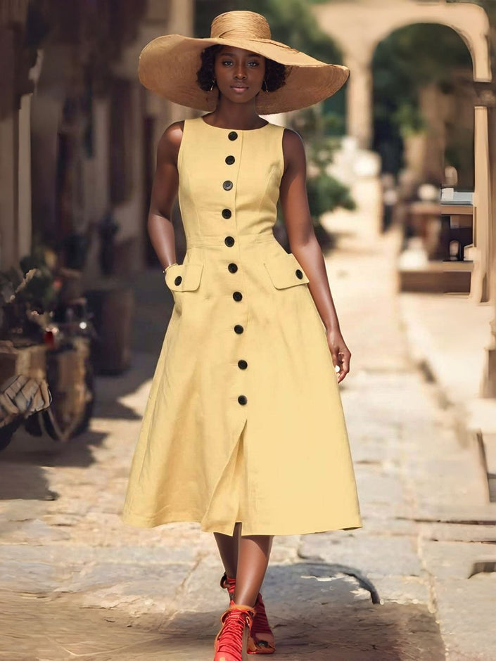 Light-yellow sleeveless midi dress with button front and flap pockets, flared skirt