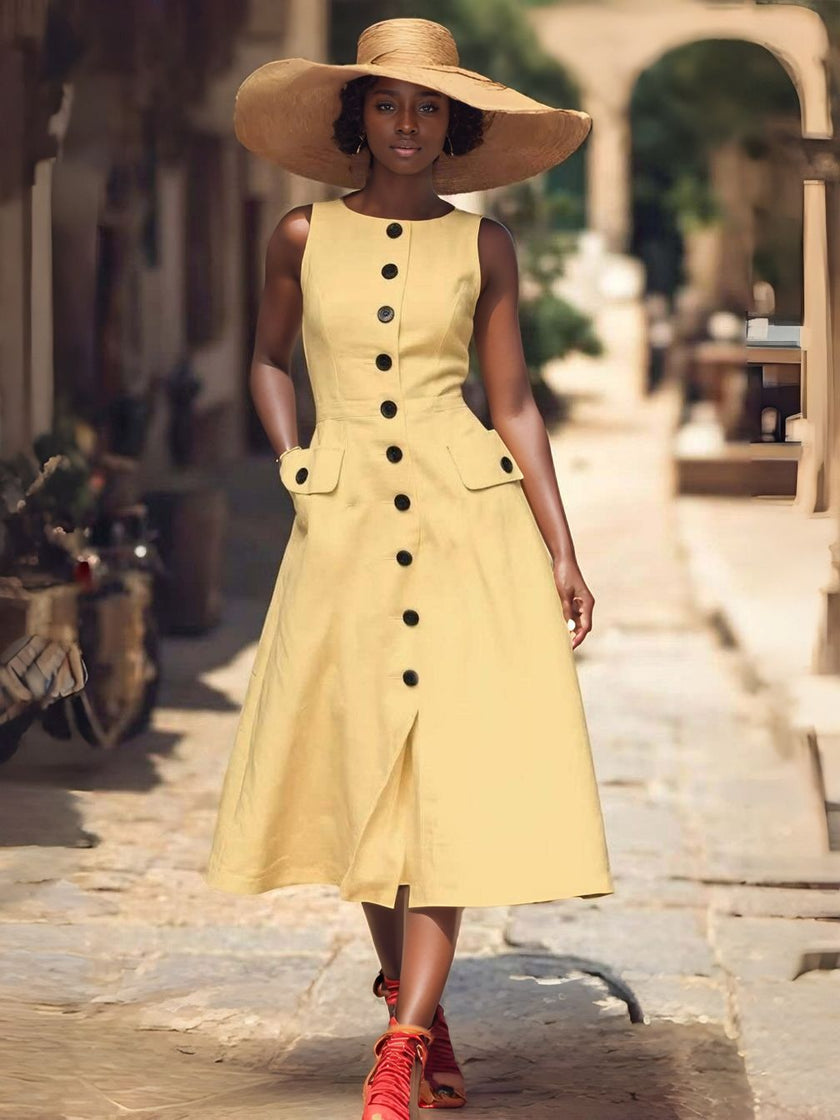 Light-yellow sleeveless midi dress with button front and flap pockets, flared skirt