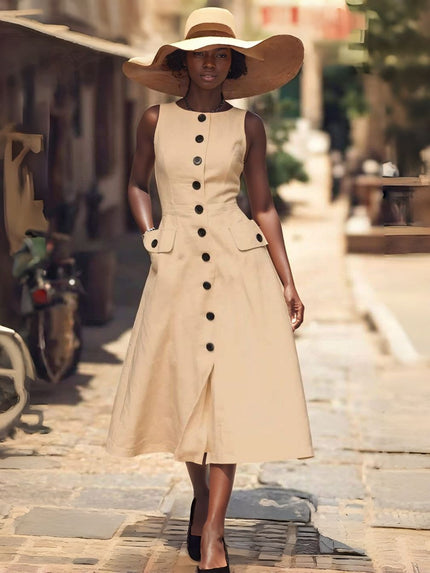 Cream-beige sleeveless midi dress with button front and flap pockets, A-line skirt