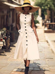 Women's Sleeveless Midi Dress with Flap Pockets and Front Button Detail