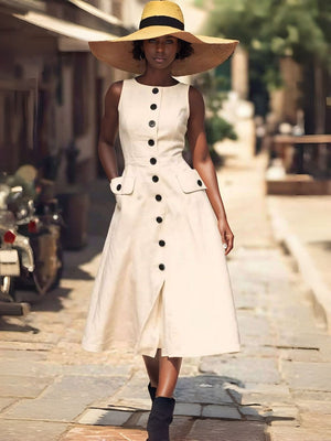 Women's Sleeveless Midi Dress with Flap Pockets and Front Button Detail