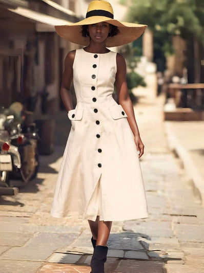 Women's Sleeveless Midi Dress with Flap Pockets and Front Button Detail