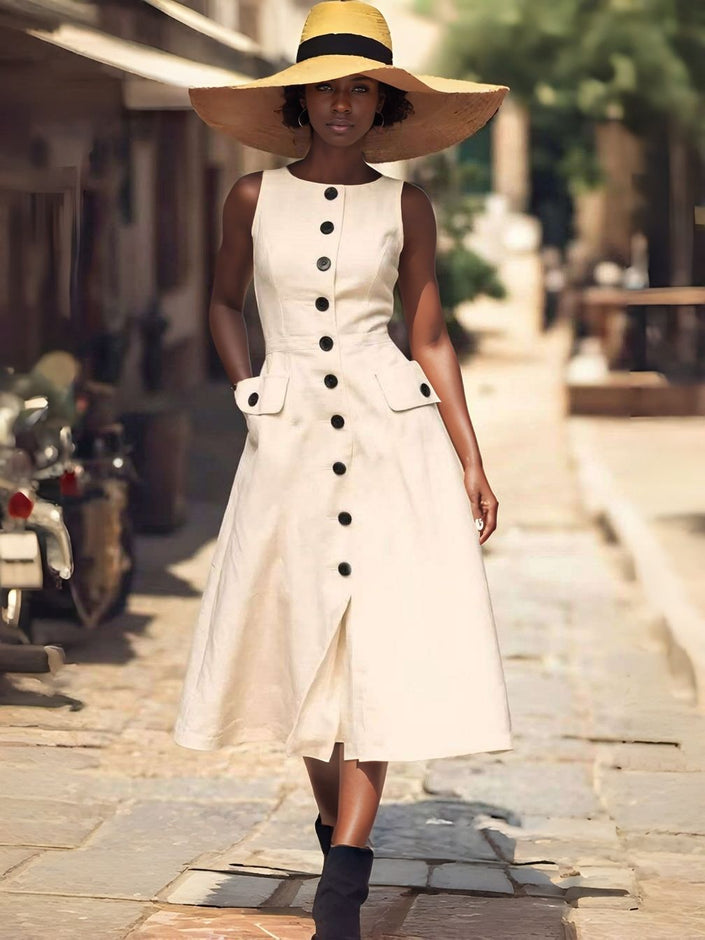 Beige sleeveless midi dress with button front and flap pockets, fitted bodice