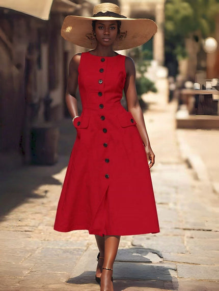 Red sleeveless midi dress with button front and side flap pockets, flared skirt