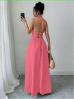 Pink halter midi dress with cut-out neckline and flared skirt
