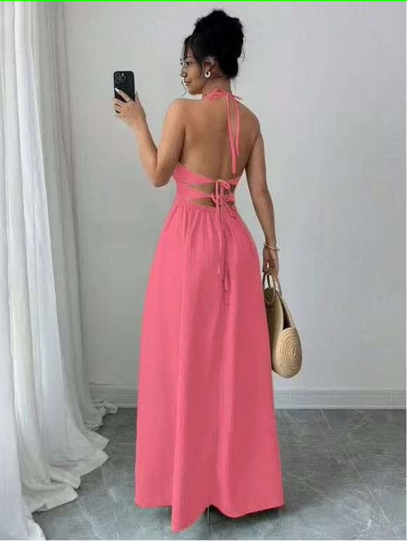 Pink halter midi dress with cut-out neckline and flared skirt