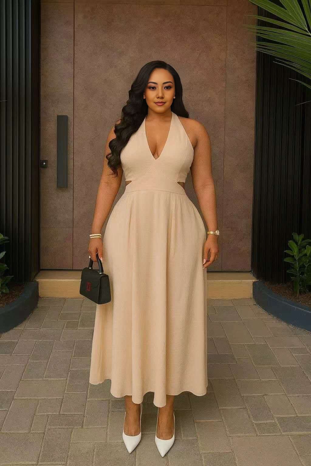Beige halter midi dress with cut-out neckline and flared skirt
