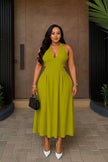 Yellow-green halter midi dress with cut-out neckline and flared skirt