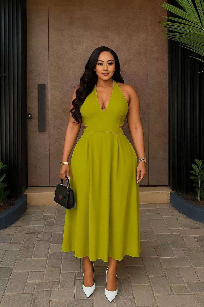 Yellow-green halter midi dress with cut-out neckline and flared skirt