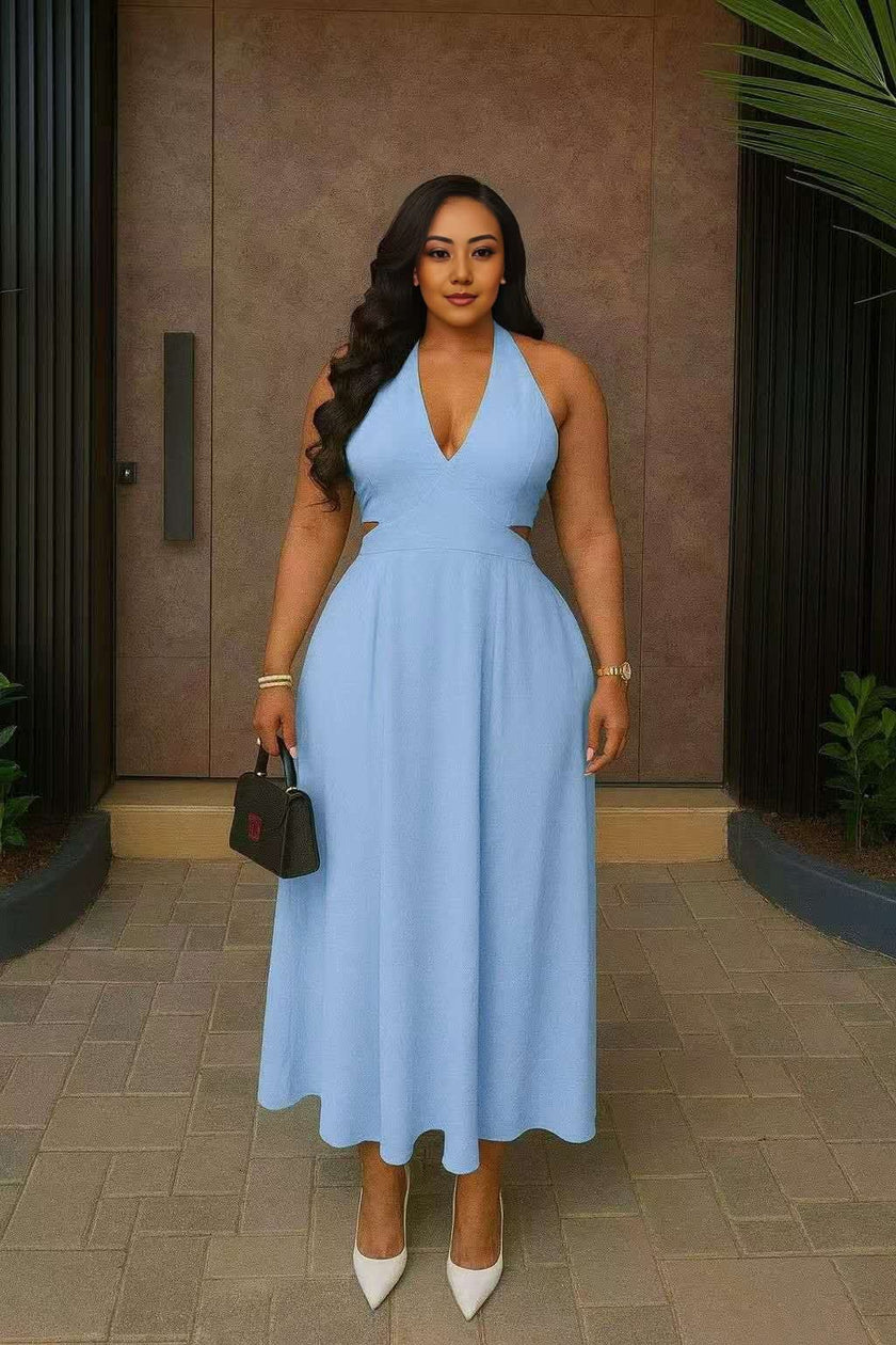 Sky-blue halter midi dress with cut-out neckline and flared skirt