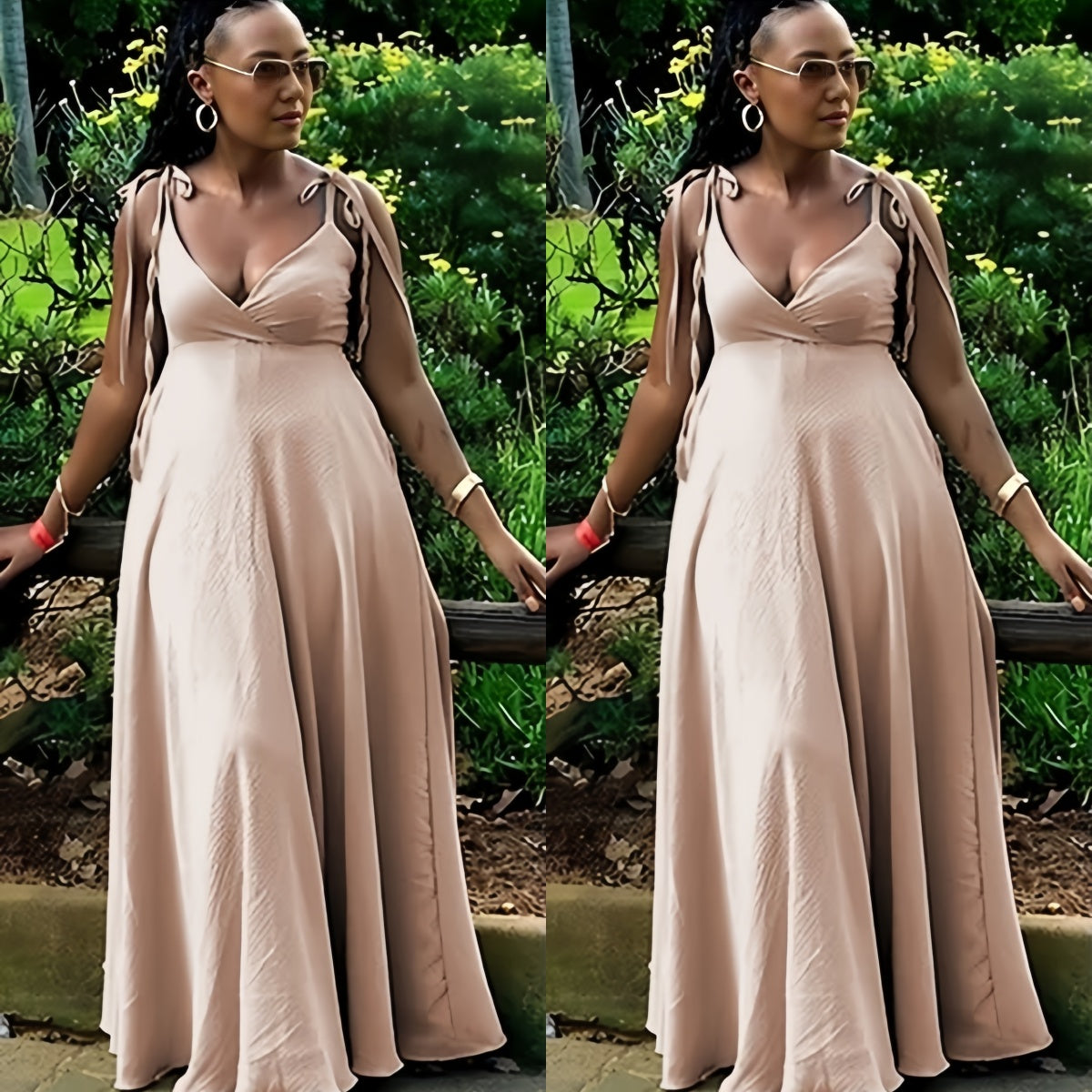 Peach maxi dress with tie shoulder straps and deep V-neck, adjustable fit
