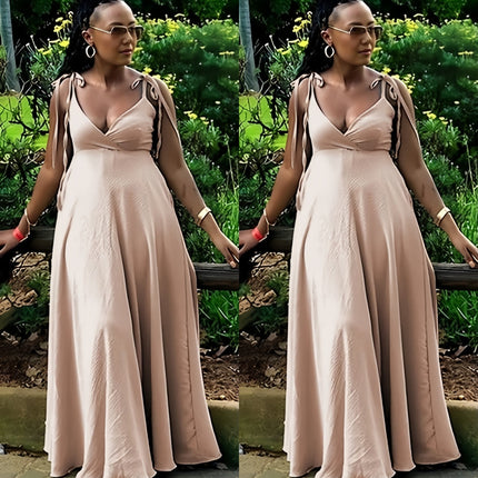 Beige maxi dress with V-neck and tie shoulder straps, adjustable fit