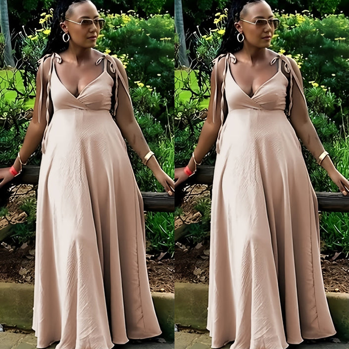 Beige maxi dress with V-neck and tie shoulder straps, adjustable fit