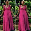 Hot pink maxi dress with tie shoulder straps, deep V-neck, adjustable fit