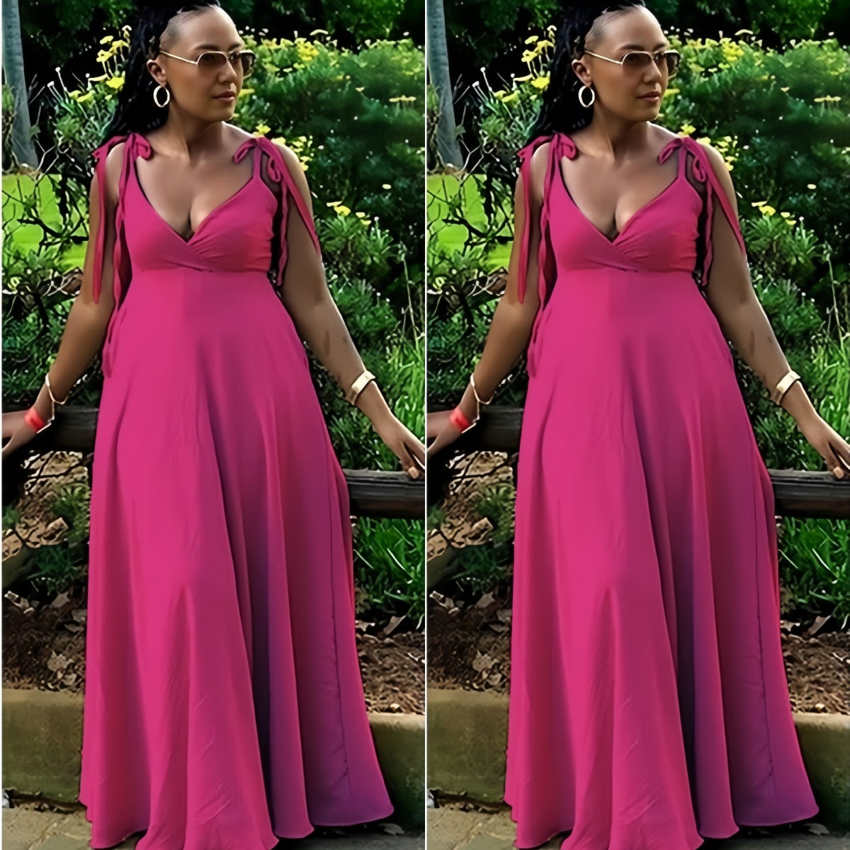 Hot pink maxi dress with tie shoulder straps, deep V-neck, adjustable fit