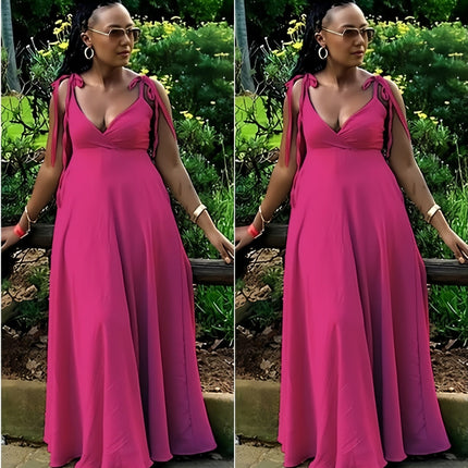 Hot pink maxi dress with V-neck and tie shoulder straps, adjustable fit