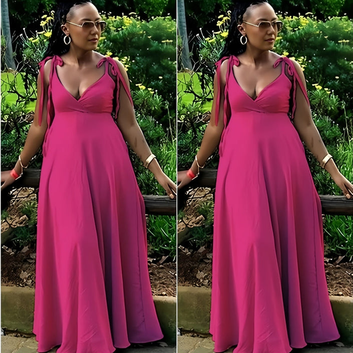 Hot pink maxi dress with V-neck and tie shoulder straps, adjustable fit