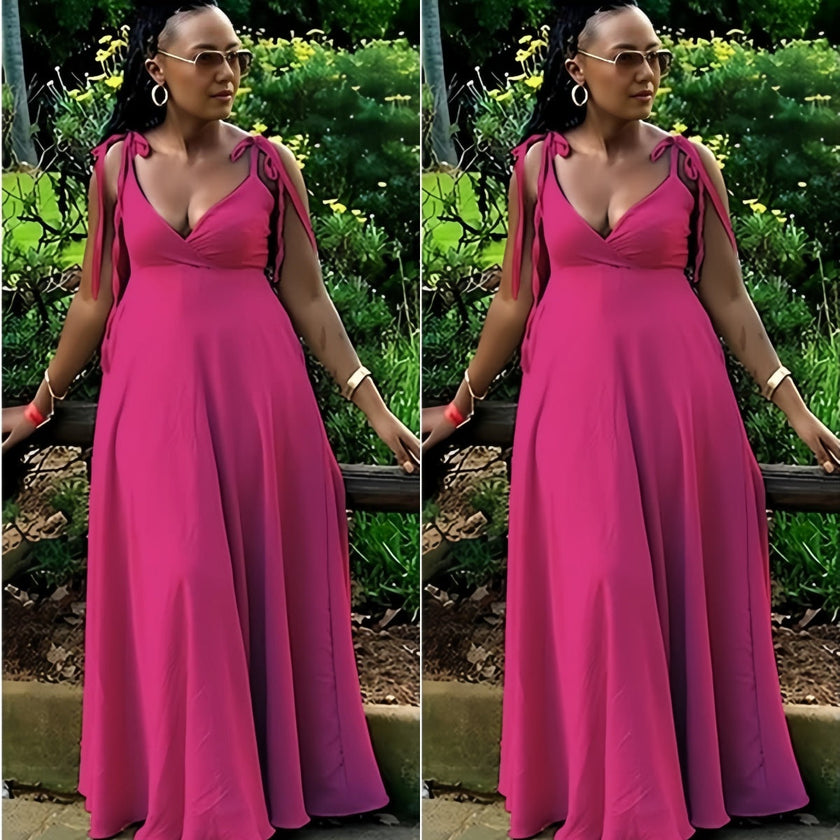 Hot pink maxi dress with tie shoulder straps, deep V-neck, adjustable fit