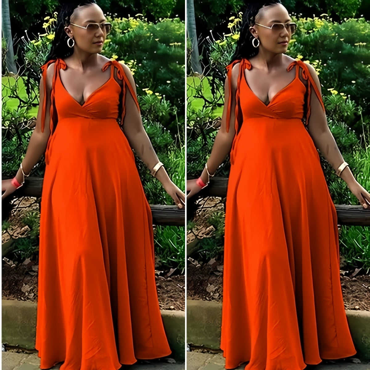 Orange-red maxi dress with tie shoulder straps and deep V-neck, adjustable fit