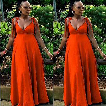 Orange-red maxi dress with V-neck and tie shoulder straps, adjustable fit