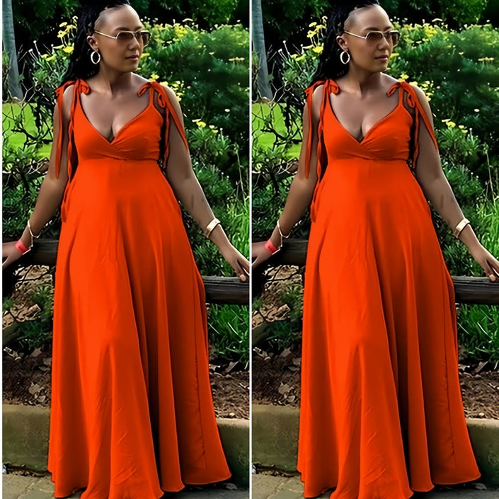 Orange-red maxi dress with V-neck and tie shoulder straps, adjustable fit