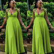 Lime green maxi dress with tie shoulder straps, deep V-neck, adjustable fit