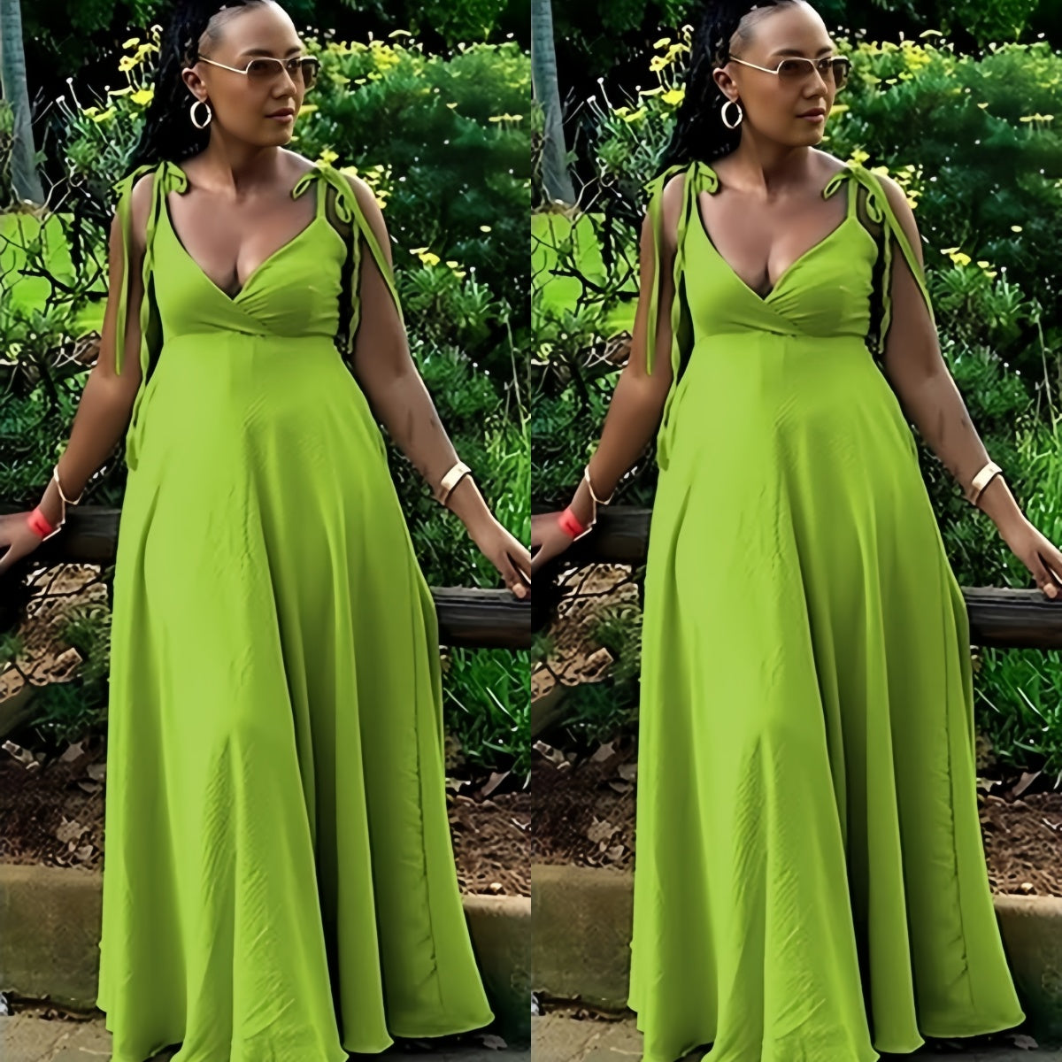 Lime green maxi dress with tie shoulder straps, deep V-neck, adjustable fit