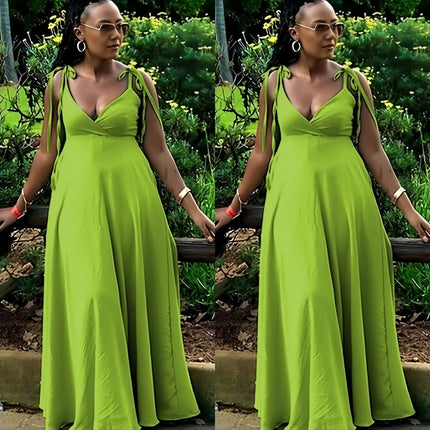 Lime-green maxi dress with V-neck and tie shoulder straps, adjustable fit