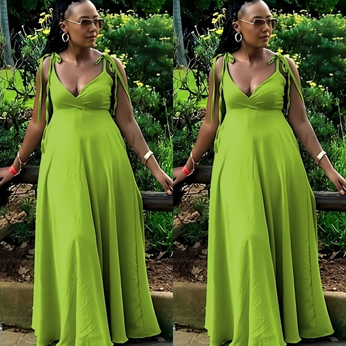 Lime-green maxi dress with V-neck and tie shoulder straps, adjustable fit