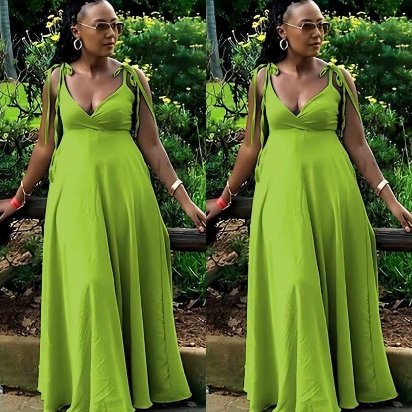 Lime green maxi dress with tie shoulder straps, deep V-neck, adjustable fit