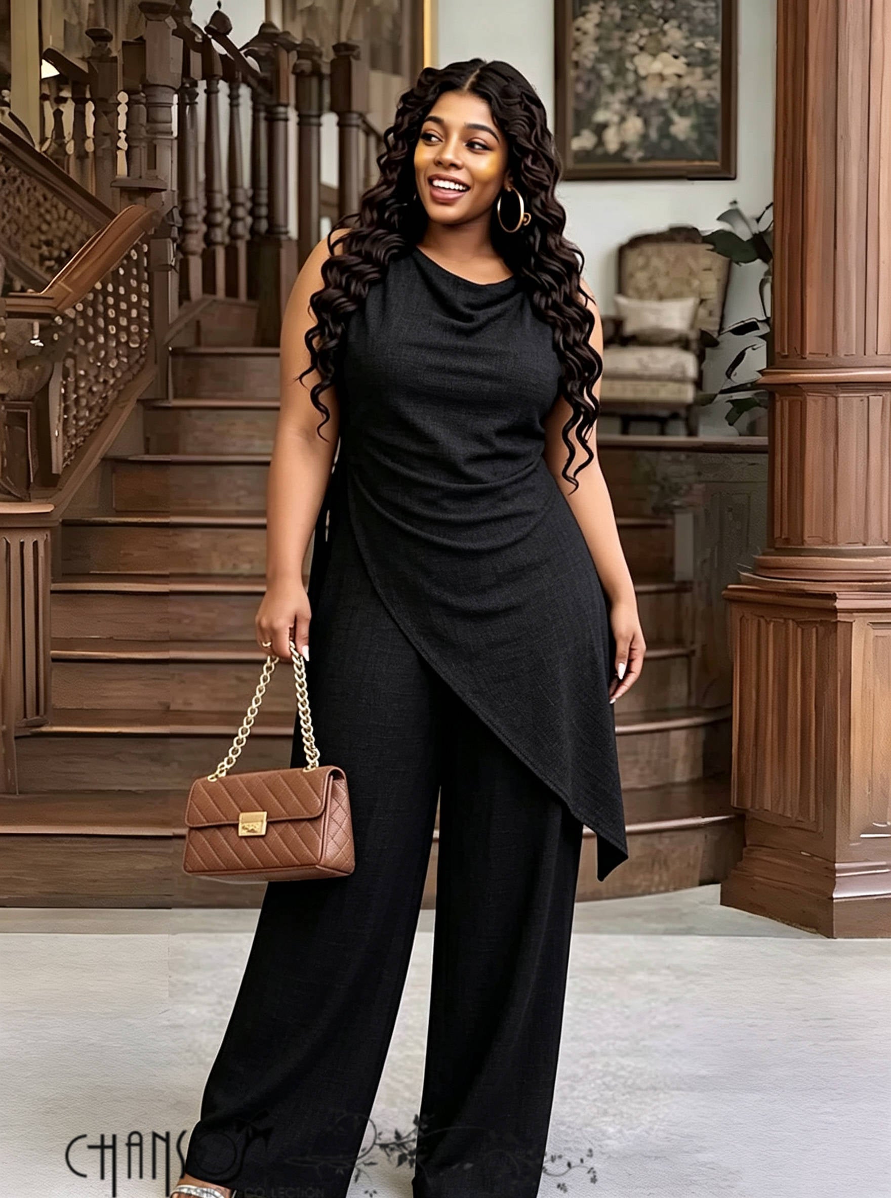 Black sleeveless asymmetric draped tunic and wide-leg pants two-piece set