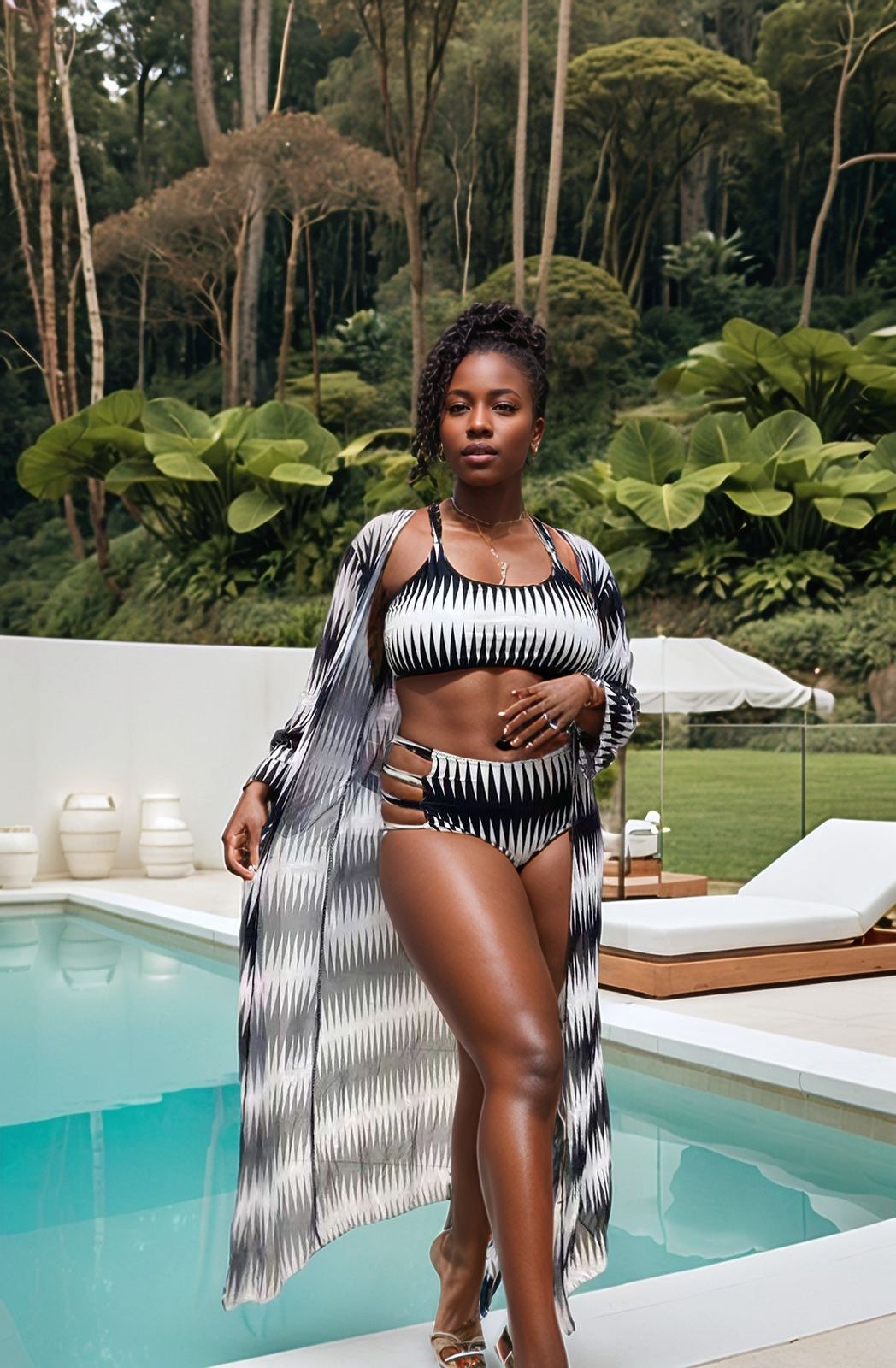 Black-and-white striped bikini with long draped cover-up, scoop neckline, high-cut