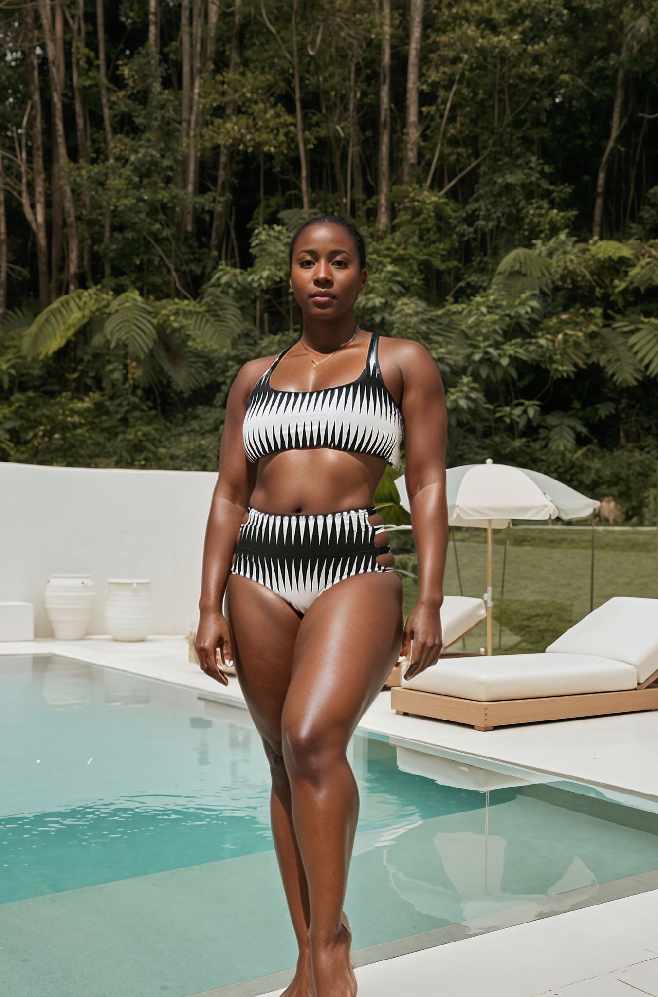 Black-and-white striped bikini set with fitted top, high-cut bottoms, and long cover-up