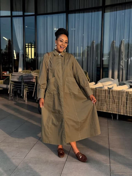 Olive loose-fit maxi shirt dress with collar, long sleeves, and side patch pockets