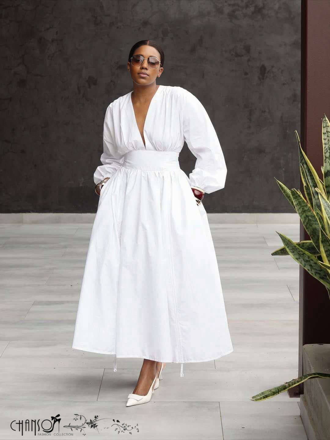 Maxi Dress  Deep V Puff Sleeve Formal