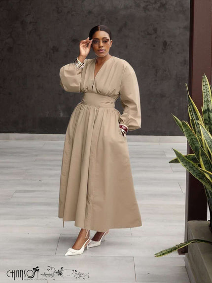 Beige deep V puff-sleeve formal dress with gathered waist and long flared skirt